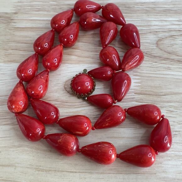 Vintage Marbled Red Bakelite Beaded Necklace 26 In 1940s 93 Grams - Picture 6 of 12